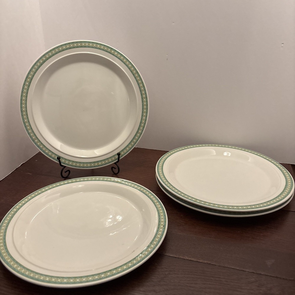 MAGNA Shenango China Gloss White Green 10" Dinner Plates Restaurant Quality (4)